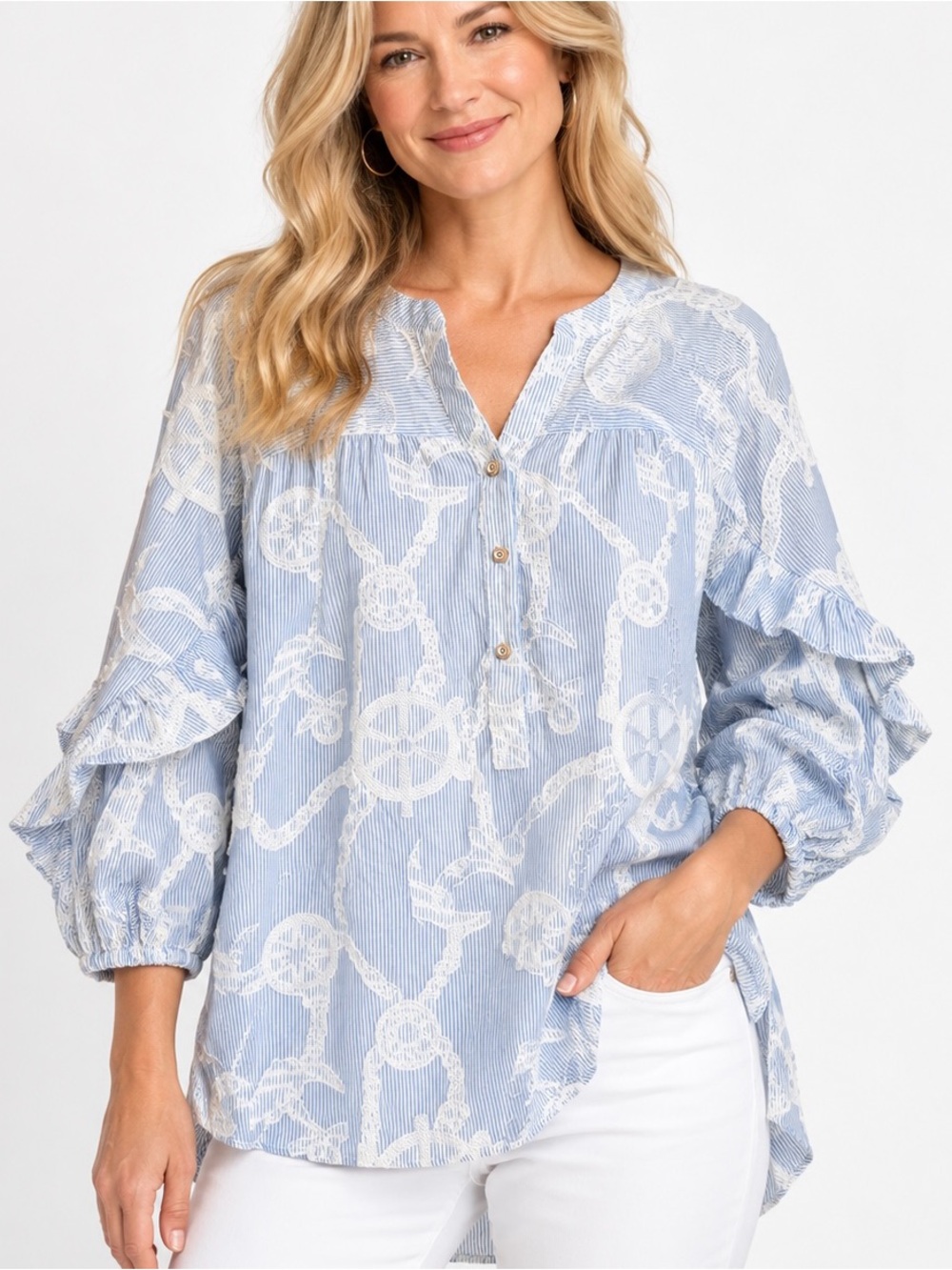 Democracy Blue White Nautical Embroidered Cotton Ruffle Sleeve Blouse S